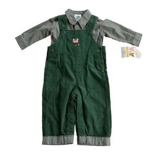 Y2K Baby Boy Christmas Corduroy Overall 2 pc Teddy Bear Small Wonders 3-6M NWT